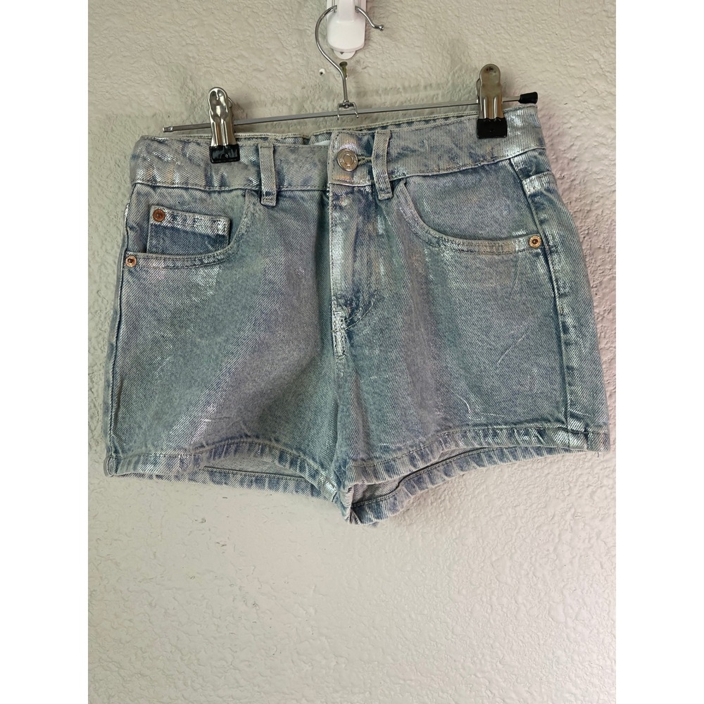 Zara Denim Shorts‎ Silver Metallic Wash High Waisted Girls Size 10